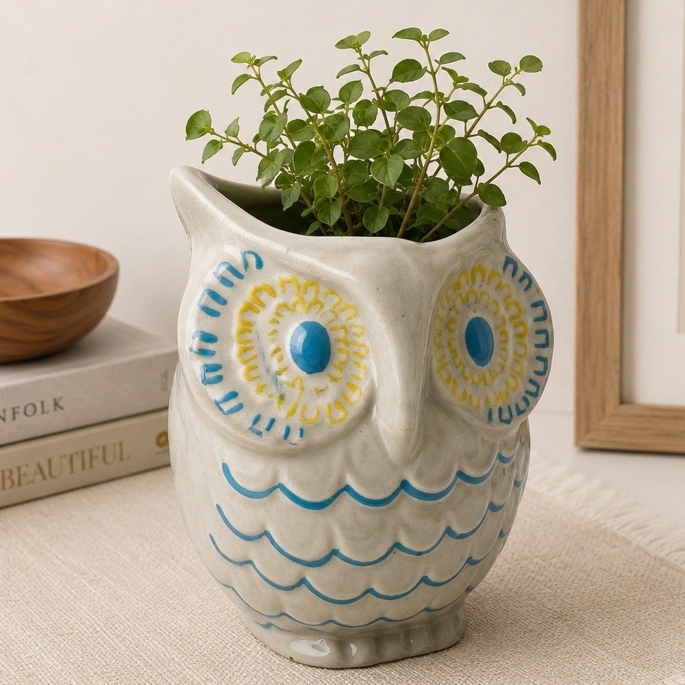 Vintage Ceramic Owl Vase Brush Holder, Vanity Organizer